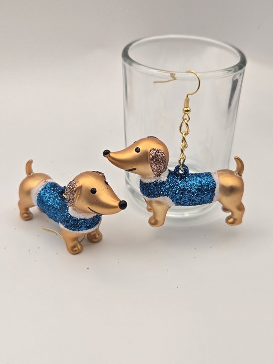 Erins Lovely Creations Jewelry - Gold Dachshund Earrings with Blue Glitter Sweater